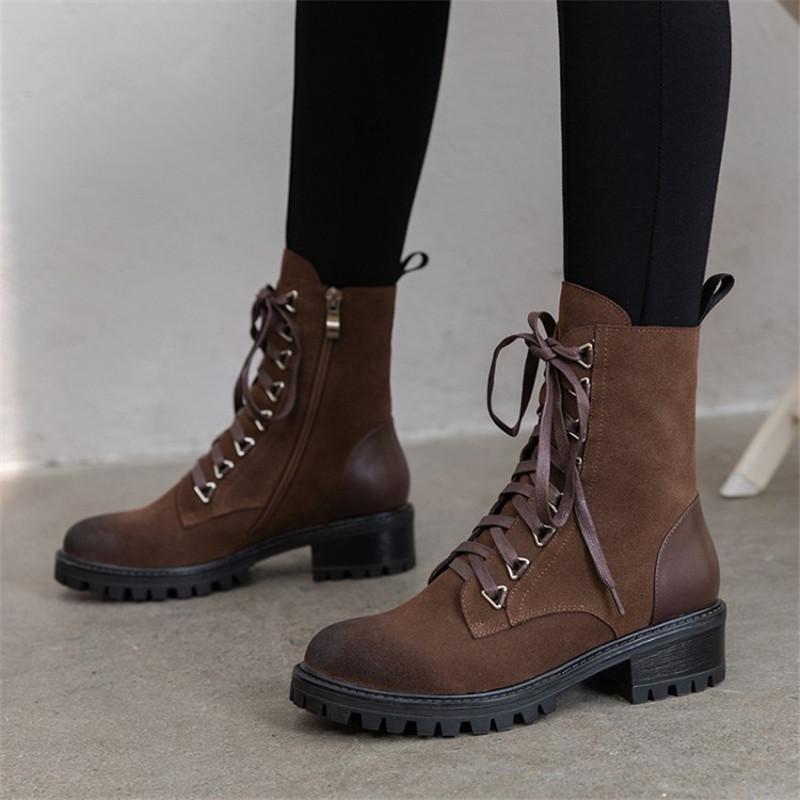 

PXELENA British Vintage Cow Suede Boots Women Lace Up Square Med Heels Autumn Winter Shoes Combat Motorcycle Biker Bootie, Brown autumn