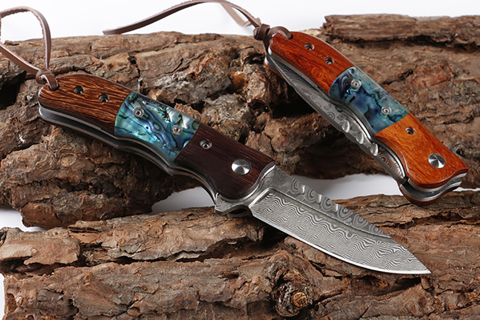 

Great quality mini abalone wood handle damascus sharp blade folding pocket knife with great leather case men gift outdoor hiking tool knives