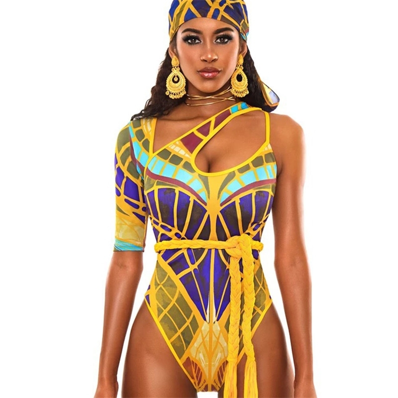 

African Print One Piece Swimsuit Padded Monokini Women Swimwear Bather Bathsuit Beach Bathing Suit No Belt Headpiece Included Y200824, Red bikini