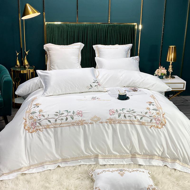 

White 600TC Satin Silk Cotton Floral Embroidery Bedding Set Bed Linen Pillowcases Duvet Cover Home Double Fitted Textile Sheet
