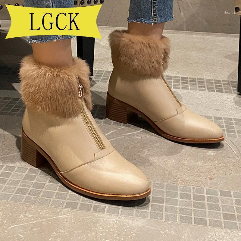 

Plus Size 34-39 Women Snow Boots Genuine Leather Ankle Boots Winter Natural Fur Comfortable Non-slip Waterproof Zip1, Beige