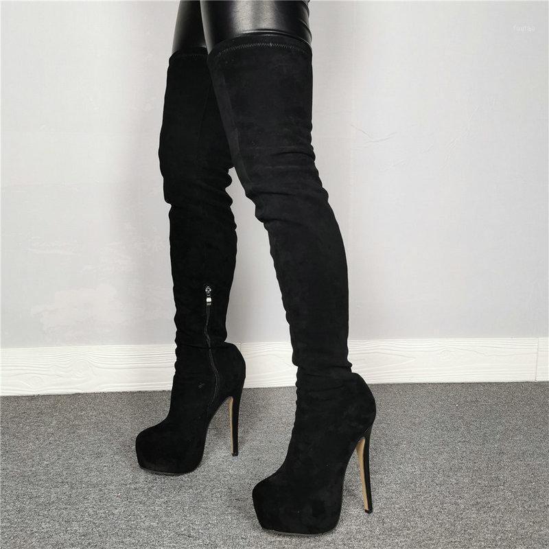 

TXCNMB 2020 Hot Sale Slim Stretch Boots Genuine Suede Leather Over The Knee Boots Round Toe High Heels Platform Shoes Woman1, Black