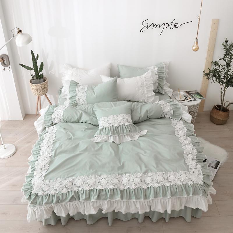 

Pure cotton lace Bedding Sets green Japanese Duvet Cover luxury Bed Linen princess bed skirt  queen king wedding bedclothes, Style1