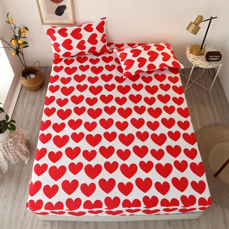 

3 pcs Fitted Bed Sheet with case Red Heart Printed White Color drap housse 180x200cm Sheet on Elastic, Type 23