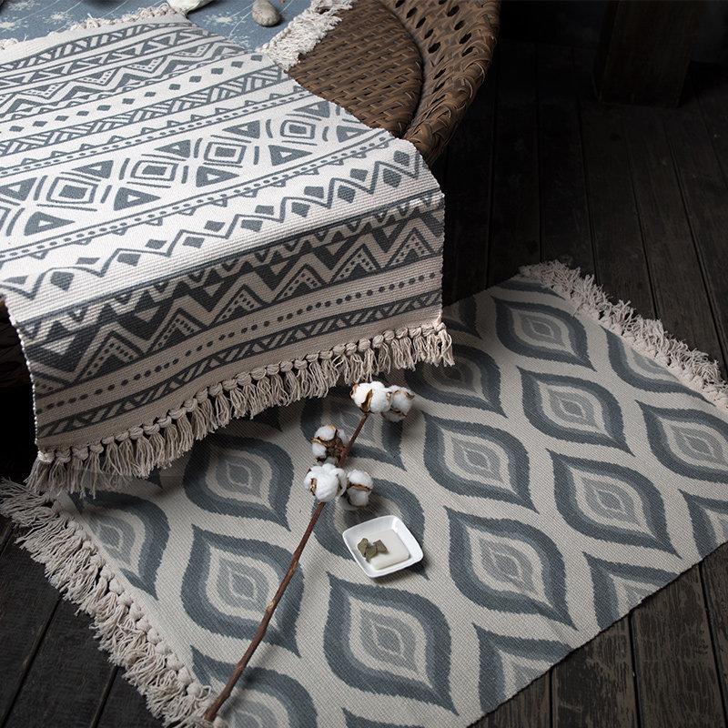 

Retro Cotton Linen Carpet Sofa Living Room Bedroom Rug Tassels Yarn Dyed Carpets Home Decorative Coffee Desk Mats Wall Tapestry, 03
