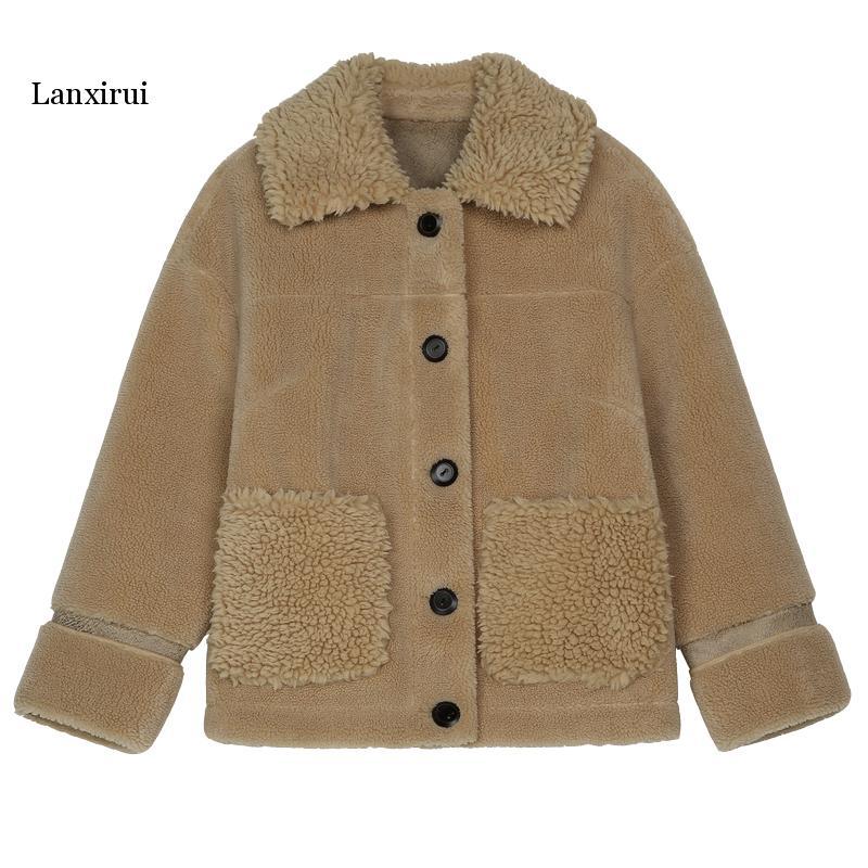 

Short Full Office Lady Fashion Korean Autumn Winter Lambskin Jacket Female Fur Sheep Shearing Parka Overcoat Women, Khaki
