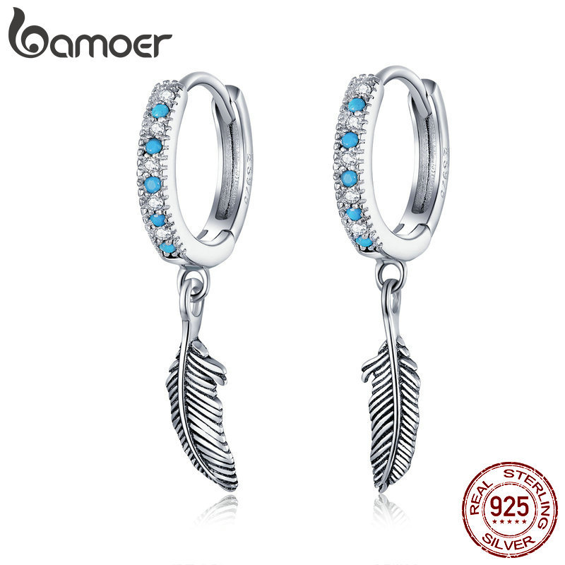 

bamoer Boho Style 925 Sterling Silver Jewelry Turquoise Color Stone Feather Dangle Earrings for Women Earring with Charm SCE898 Y1130