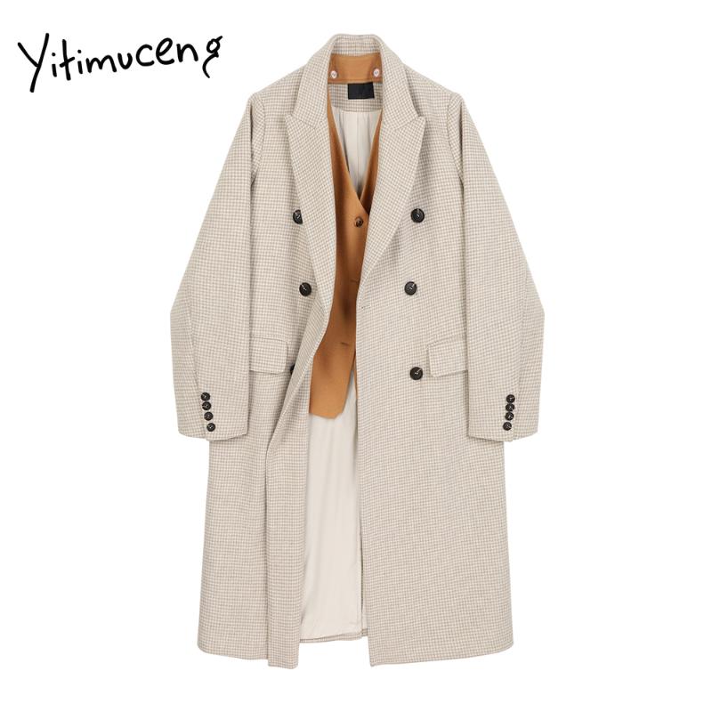 

Yitimuceng Houndstooth Woolen Coat Fall Clothes for Women Wool Jackets Spliced Vintage Fake 2 Piece Patchwork Long Style 2021, Beige