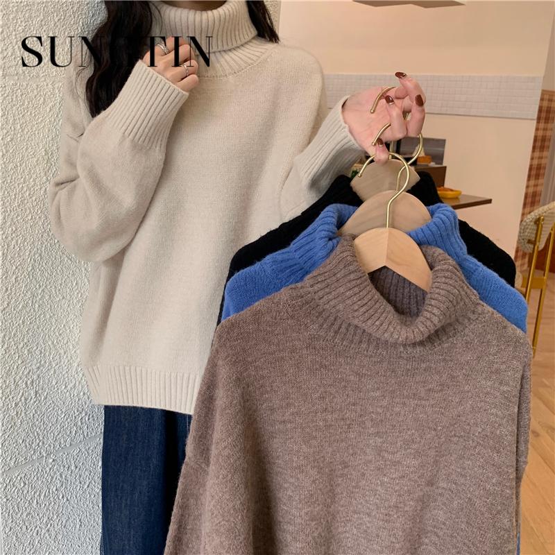 

Sungtin 4 Color Winter Turtleneck Pullovers Women Loose Thicken Knitted Sweaters Female Faux Cashmere Oversized Jumper Korean, Black