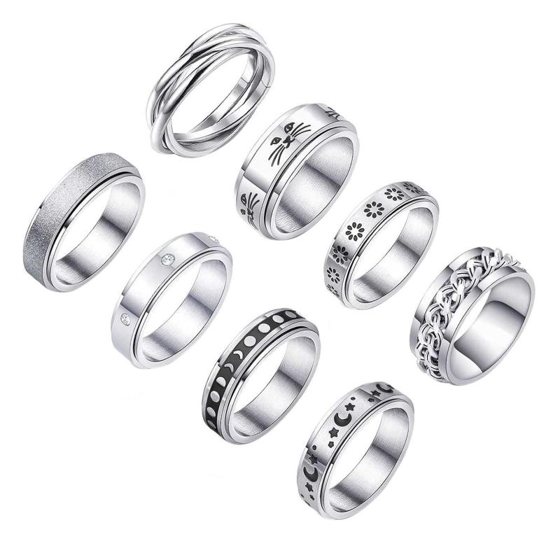

Cluster Rings 8pcs Stress Relief Band Ring Antianxiety Moon Star Flower Cat Sand Blast Finish Durable Wedding Promise Set#20