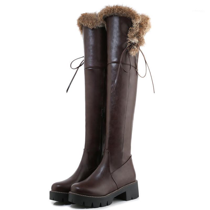 

2020 Winter Fashion Square High Heels Round Toe Artificial PU Leather Over The Knee Boots Warm Plush Zipper Snow Boots 34-431, Black