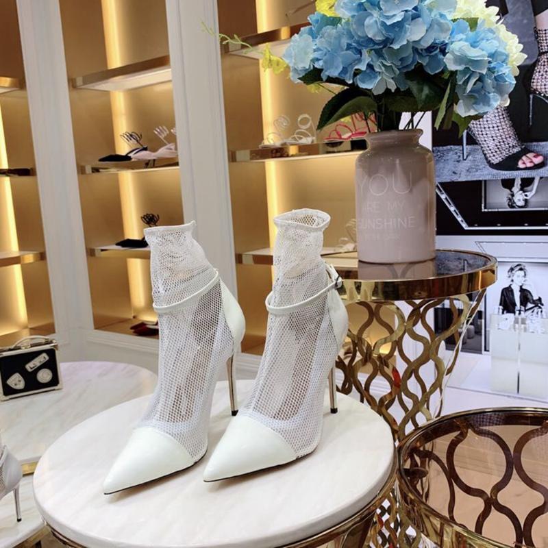 

Junetxin Cow Leather Women Ankle Pumps Summer New Fashion Thin High Heels Shoes Cutout Mesh Pointed Toe Spring Autumn Pumps Shoe, White