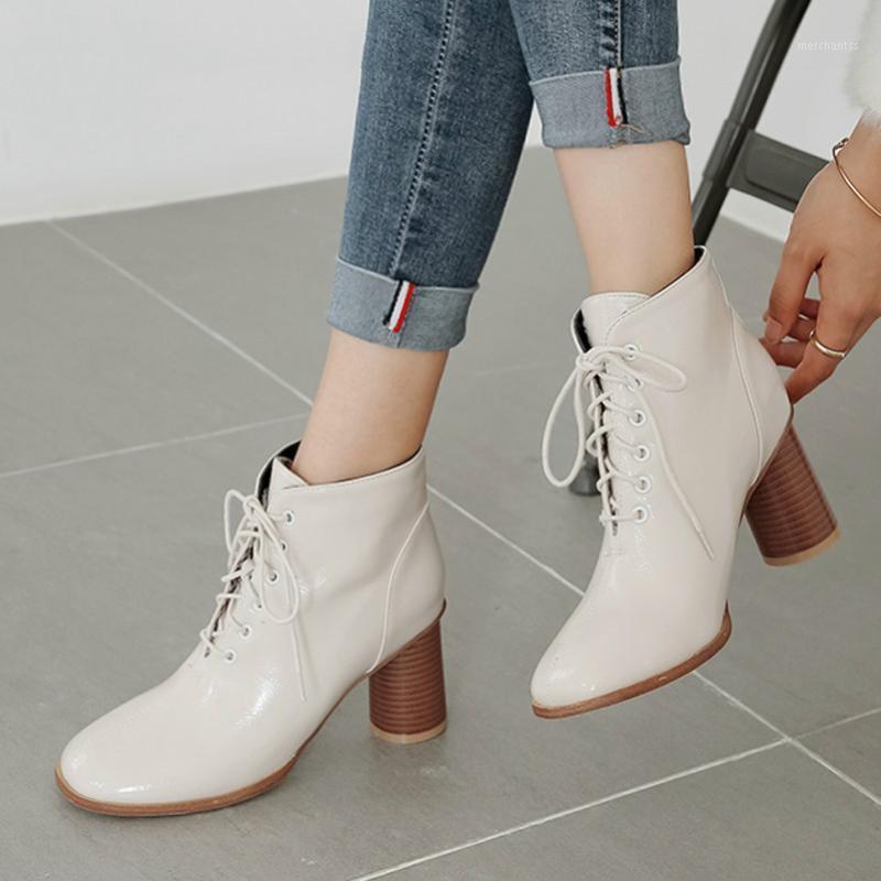

Autumn Ankle Boots Women Patent Leather Round High Heel Short Boots Fashion Lace Up Shoes Female Winter Large Size 3-121, Beige