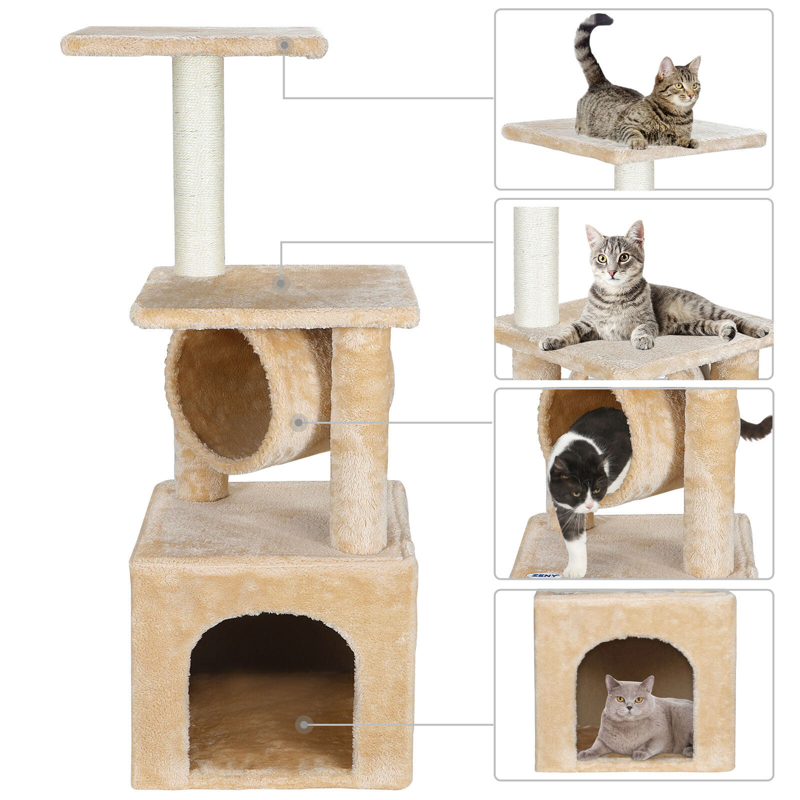 

36 Inch Cat Tree Tower Activity Center Large Playing Condo Cat Tree Bed Furniture Scratching Tower Kitten Pet House Beige