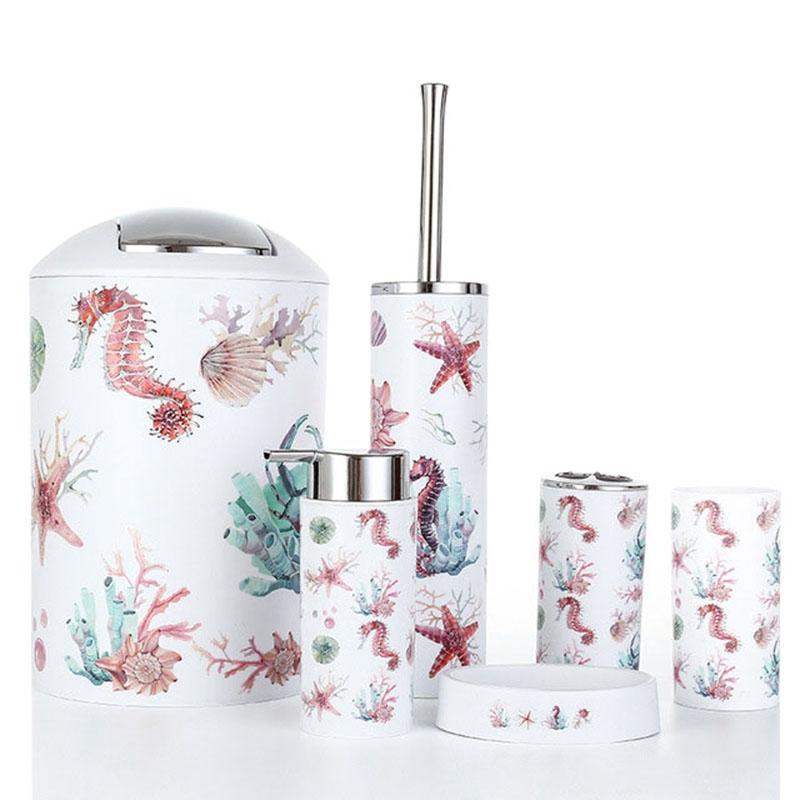 

Nordic 6Pcs/Set Printing Bathroom Accessory Set Lotion Dispenser Toothbrush Holder Tumbler Cup Soap Dish Toilet Brush Trash Can