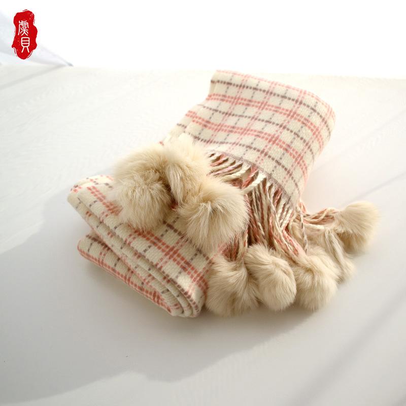 

Faux cashmere beige plaid scarf girl thick warm winter scarves with cute fluff ball shawl bandana cape for women ladies