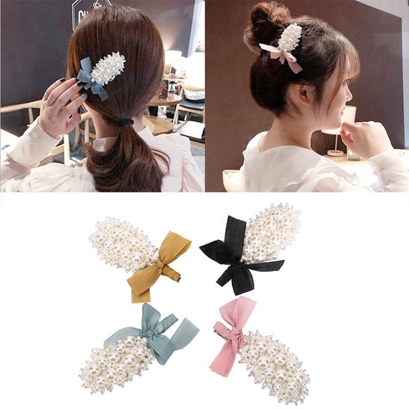 

Fashion Colorful Bow Hair Clips Barrette Cute Pearl Hair Pins Rhinestone Accessories Crystal Hairpins Birthday Gift