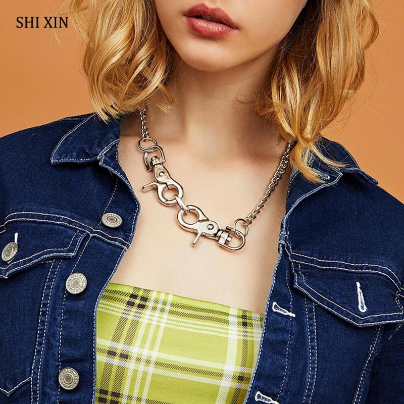 

SHIXIN Punk Big Lobster Buckle Chain Necklace for Women Short Silver Color Hip Hop Choker Collar Necklace Statement Jewelry 2020