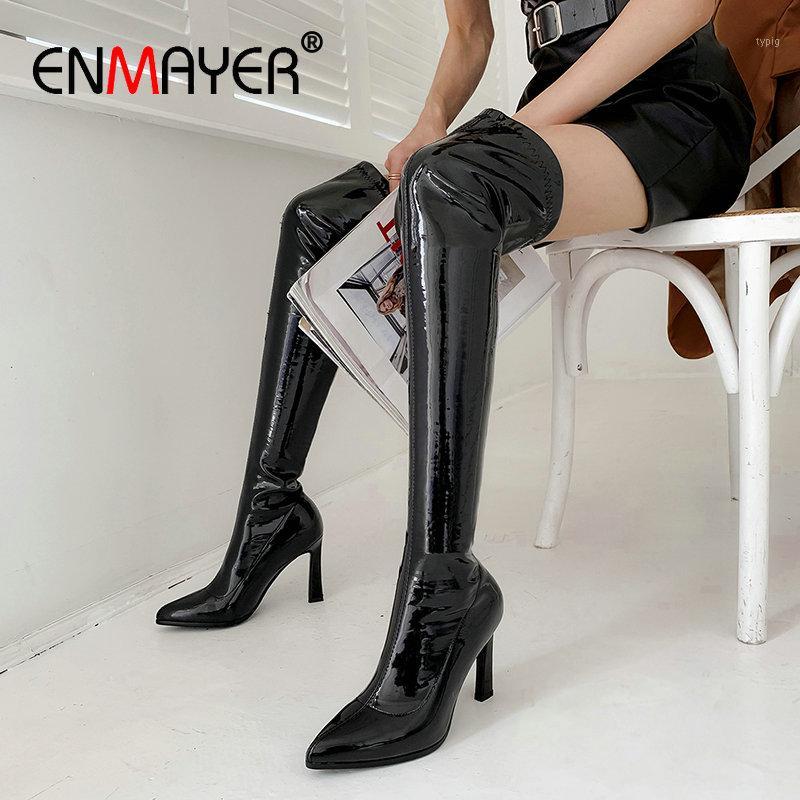 

ENMAYER 2020 PU Elegant Thigh High Boots Stretch Fabric Women Boots Slip-On Over The Knee Thin Heel women shoes size 34-431, Black