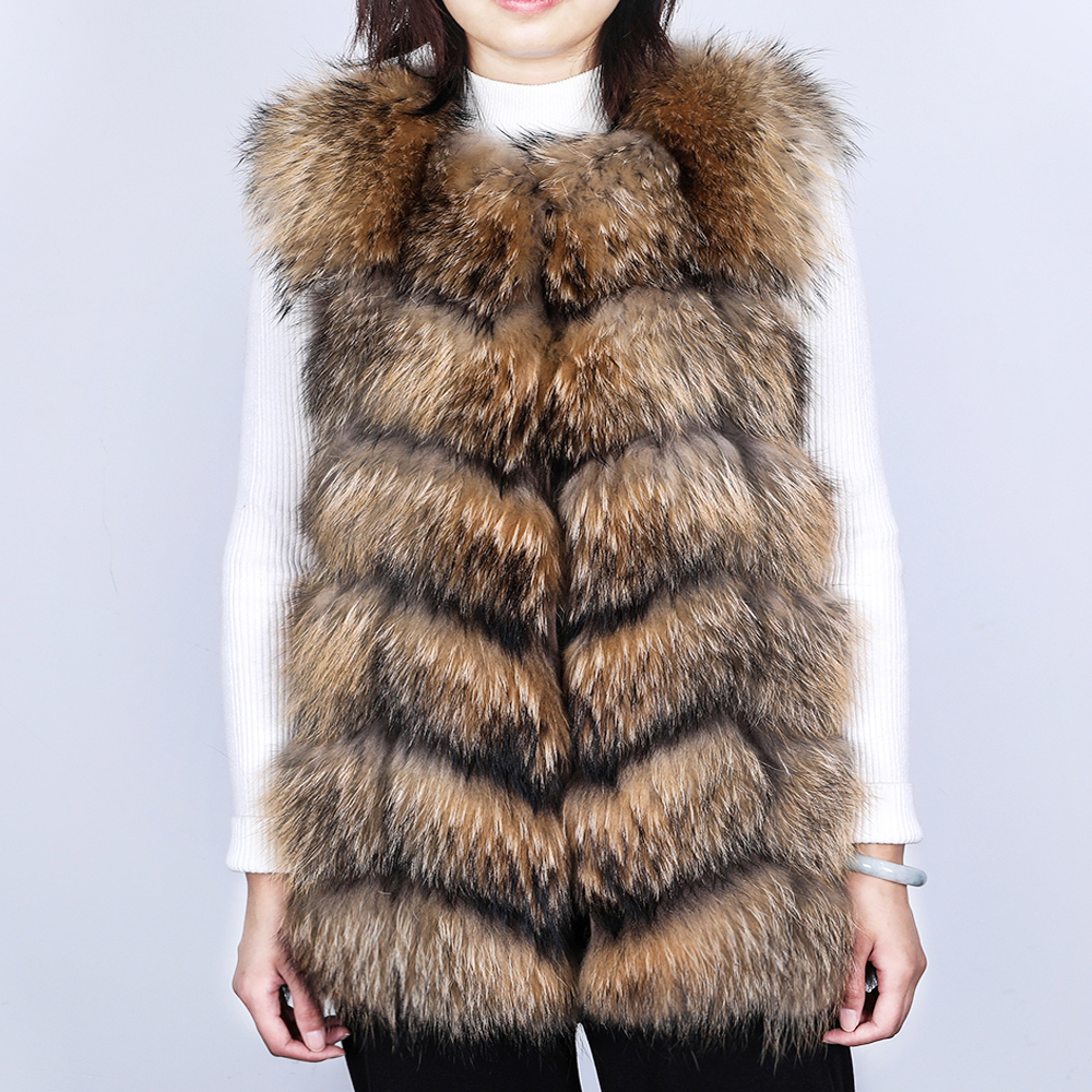 

2021 New Real Spring Raccoon Skin Sleeveless Ladies Winter Jacket Leather Bodywarmer Thick Streetwear Vest OJPV, Natural