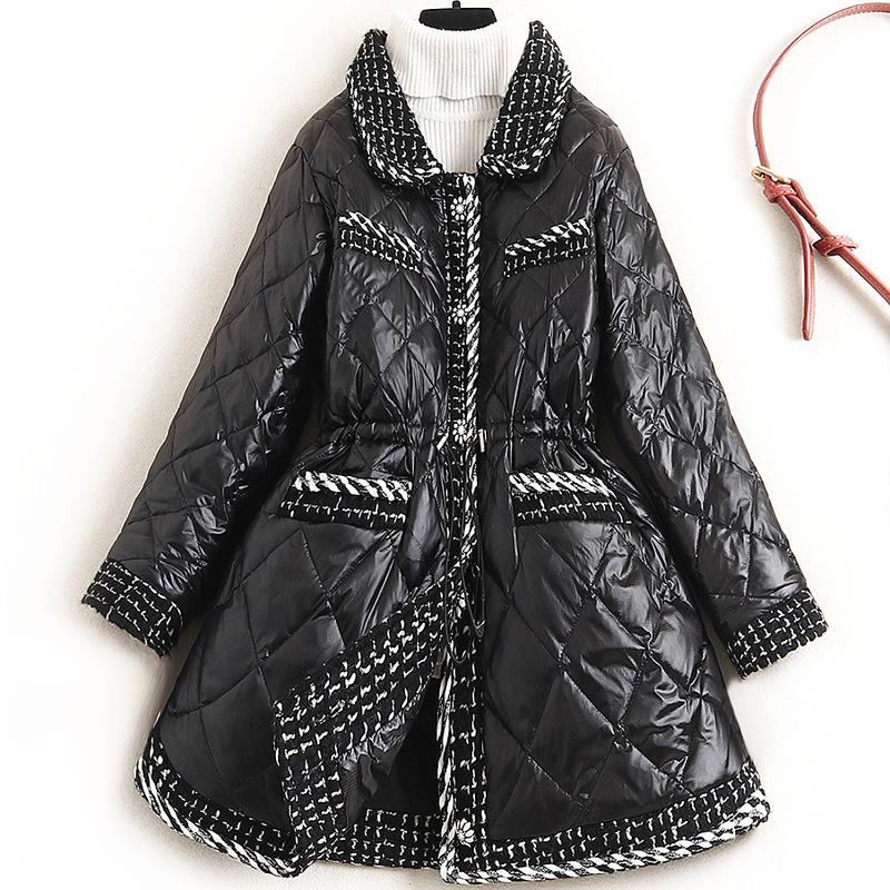 

2020 Winter High End Fashion Design Feeling Lapel Woollen Tweed Stitching Black Short 90% White Duck Down Coat Women Jacket