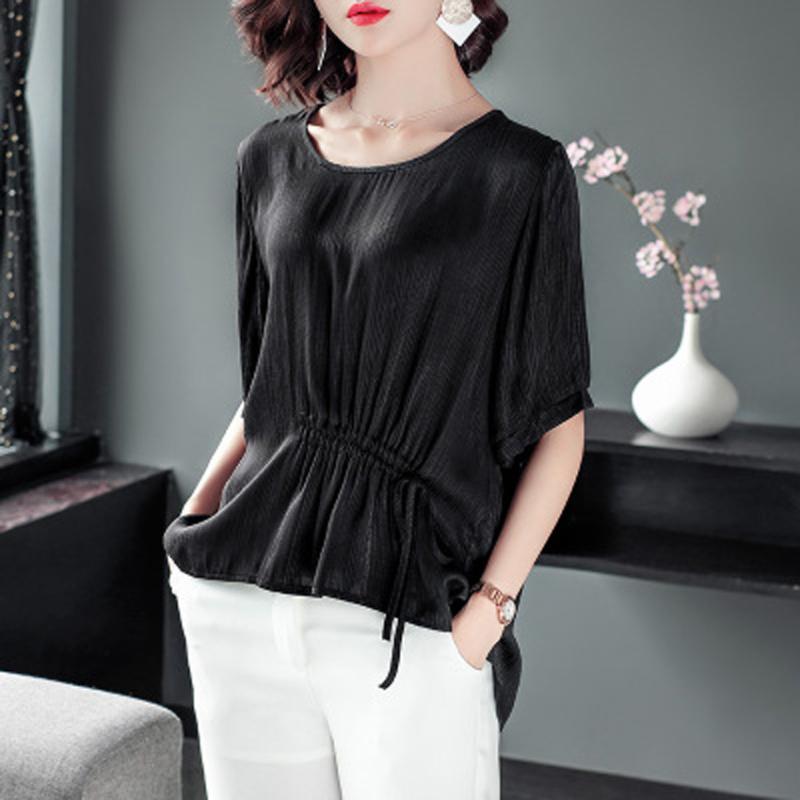 

2021 new summer tencel short-sleeved shirt loose loose slim round neck drawstring T-shirt, Black