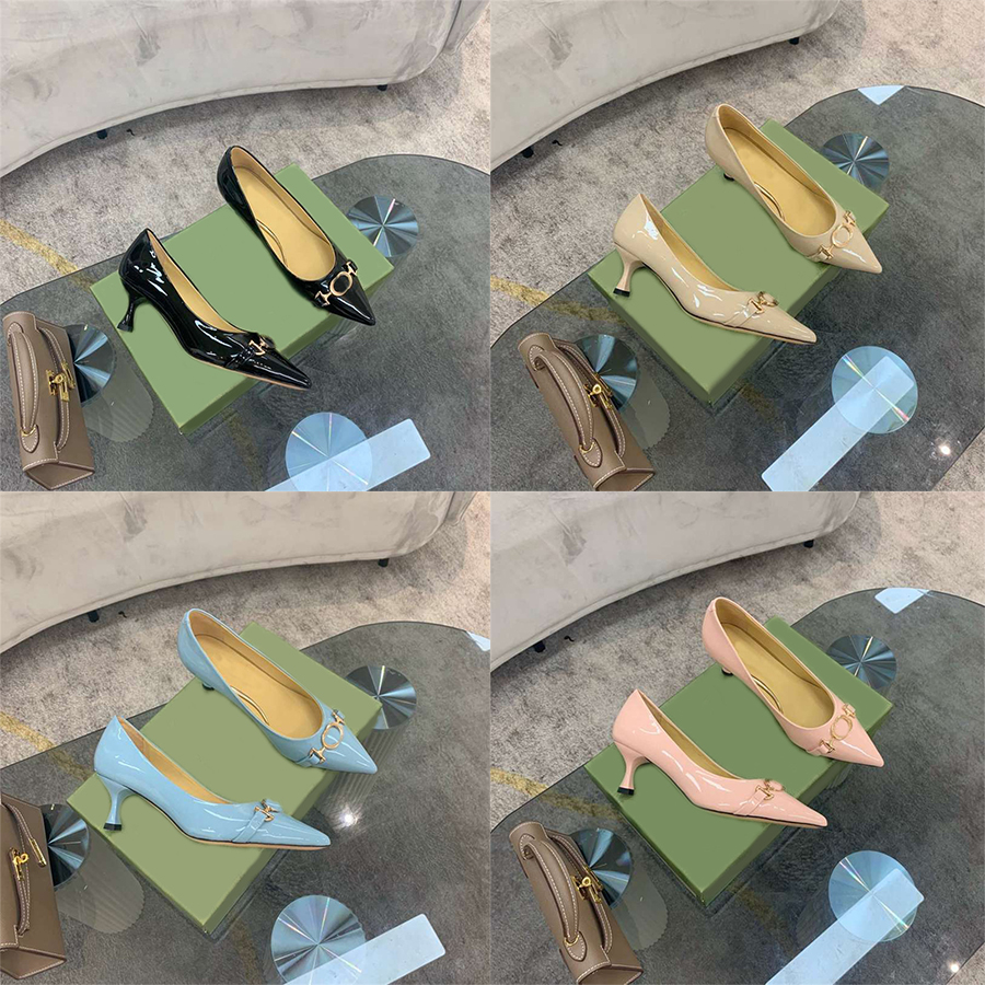 

Designer Dress Shoes Women Metal Buckle Patent Leather Cowhide Pointed Toe Stiletto Heel High Heels Lady Spring Autumn 7CM Heeled Boat Shoe Size 35-40, Color1