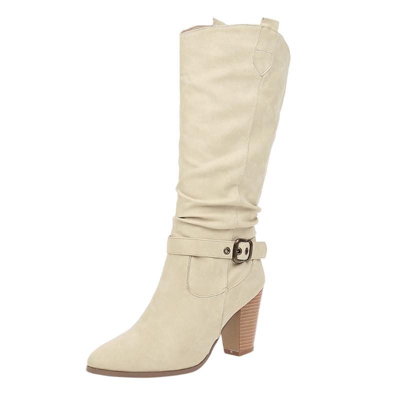 

Women's Solid Color Leather Cross with Knee High Buckle Shoes Denim Low Heel Slip Retro Lady Buckle Knight Boots, Black