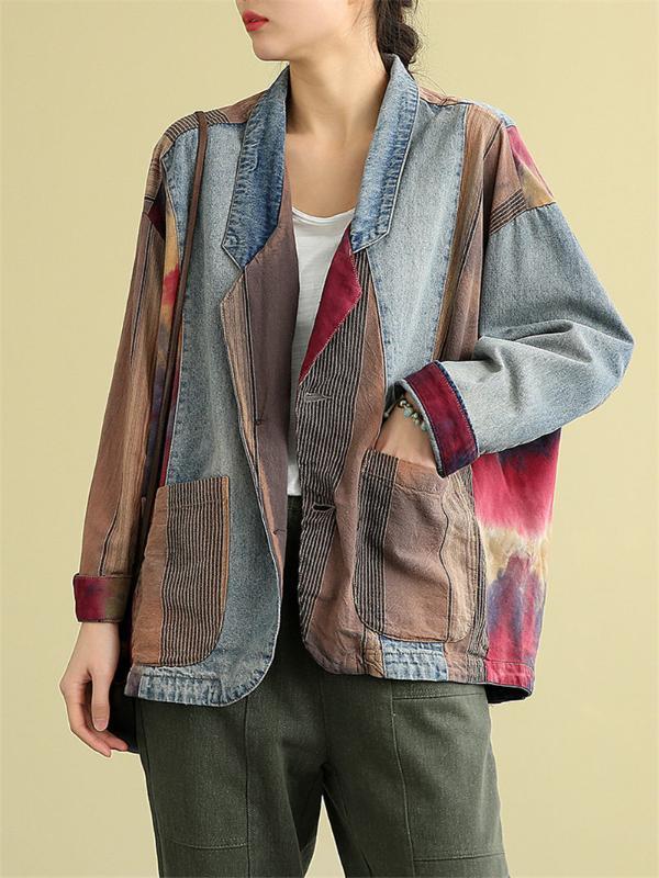 

Retro Cotton Denim Jacket Female Suit Collar Stitching Contrast Color Plaid Shirt 2020 Spring Suit Cotton Linen Cowboy Tops K105, Dark coffee