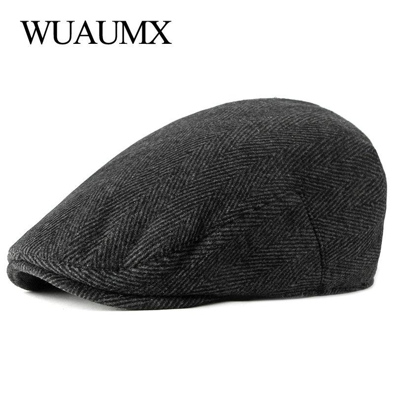 

Berets Wuaumx Spring Autumn Beret Hats For Men Retro British Wool Peaked Flat Ivy Cap Elderly Herringbone Hat Middle-aged, Black