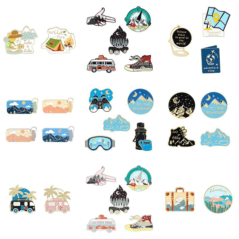 

Outdoors Adventure Brooch Collection Motorhome Canvas Shoe Bonfire Compass Enamel Pins Lapel Bag Badges Jewelry Gift for Friends