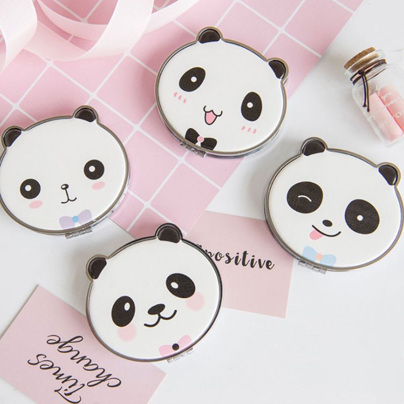 

Ladies Girls Cute Cartoon Panda Print Travel Portable Round Folding Mini Pocket Makeup Mirror Double-Sided Student Gift Random