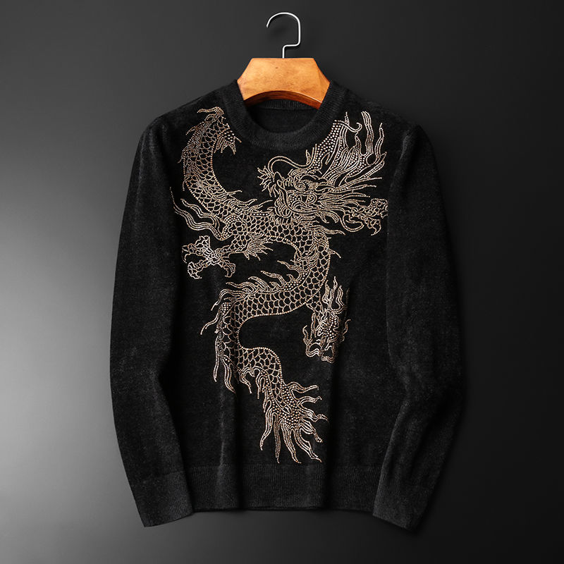 

2021 Winter Velvet Dragon High Quality Black Male Sweater Knitted Shirt Navidad Je5i
