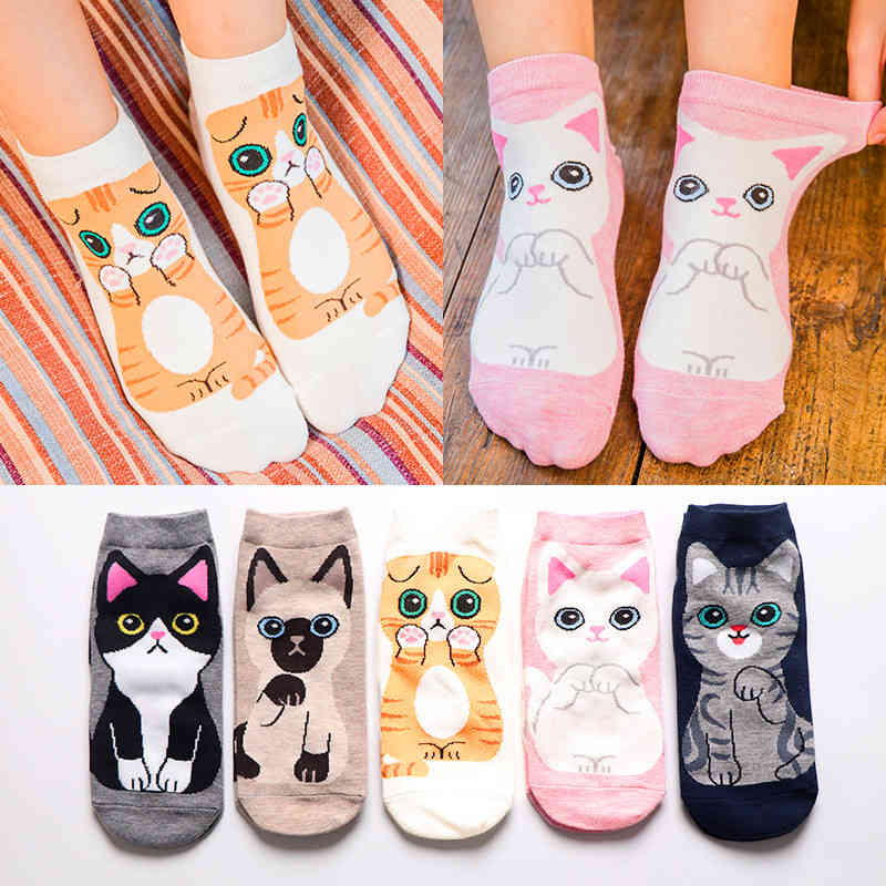 

5 Pairs Spring Autumn Fashion Women Cotton Sock Cartoon hello kitten cat puppy dog Harajuku Kawaii Cute Girl Happy Funny Socks