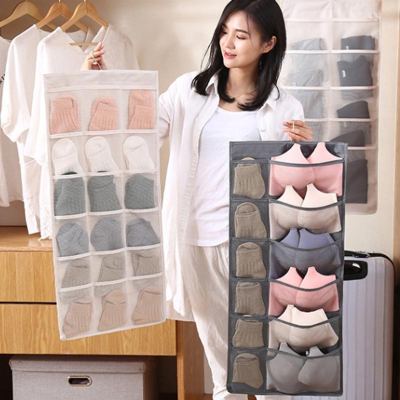 

Wardrobe Storage Bag Foldable Hanging Organizer Underware Bra Socks Multi Pockets Bag Oxford Fabric Hang Storage Organizer, Beige