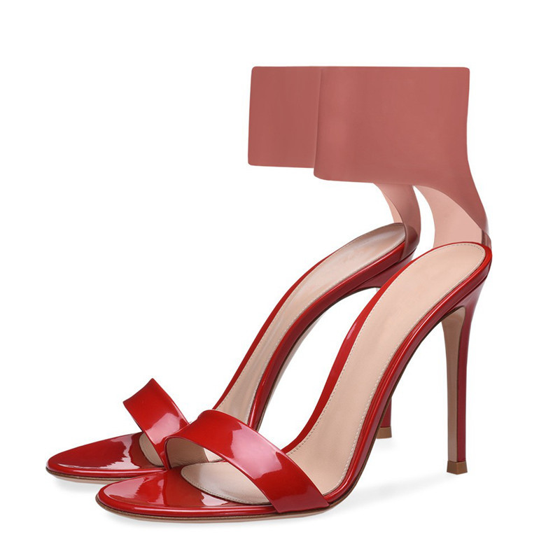 

Sandals Leather Women Patent Super Thin Leap High Heel Covered with Strip In Ankle Gladiator Shoes Black Red Bombs TL-A0058 XYRT