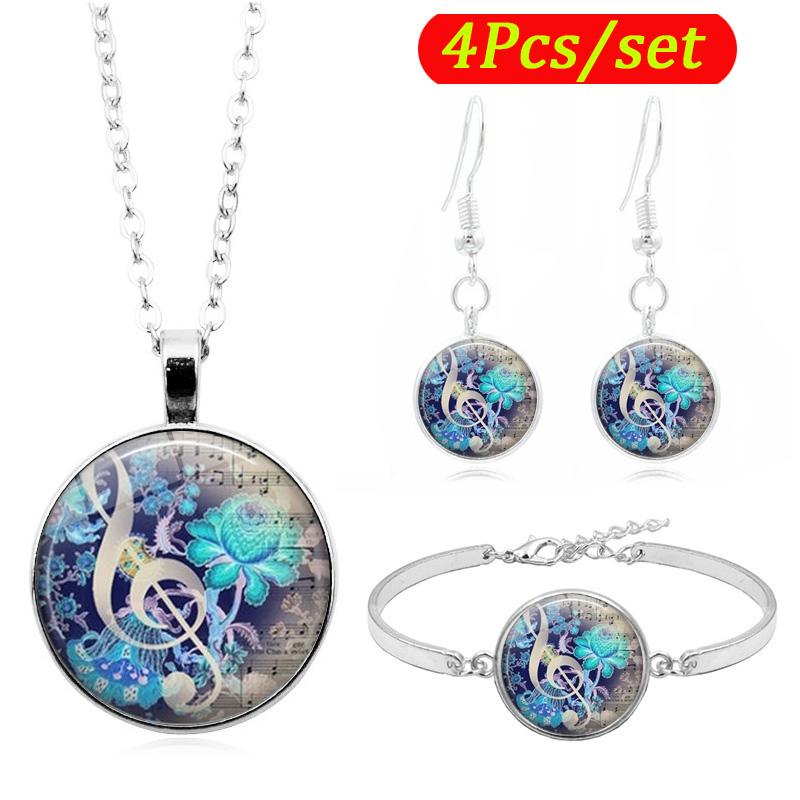 

Vintage Music Symbol Glass Cabochon Women Jewelry Set Chain Necklace Bracelet Earring Set Fashion Jewelry (4Pcs/Set), As pic