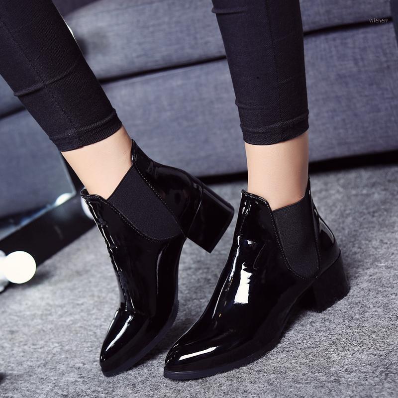 

GOXPACER Autumn Boots Women Patent Leather Elastic Band Low Heel Pointed Toe Short Boots 2020 New Ankle Free Shipping1, Black