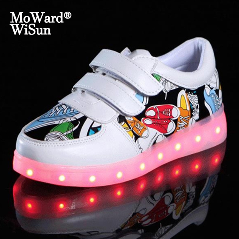 

Size 25-35 Glowing Sneakers for Kids with Lights Girls Luminous sole LED Shoes Kids Boys USB Charge Lighted Shoes for Children 201113, C1-blue