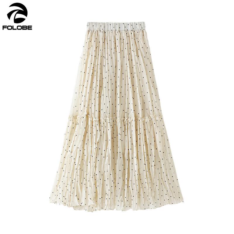 

FOLOBE 2020 New Spring Summer Korean Style Skirt Women High Waist Polka Dot A-line Chiffon Skirt Pleated Ruffles Faldas, White