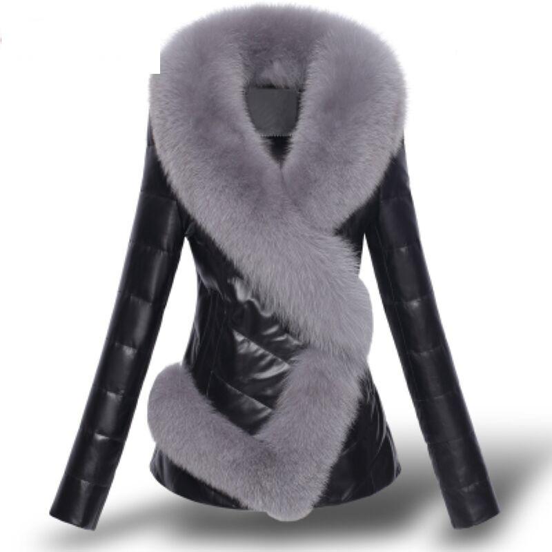 

New Leather Fur Thicken down Jacket Coat fFemale Imitation fur Short Slim collar PU Leather Autumn and winter Coat Women, Black