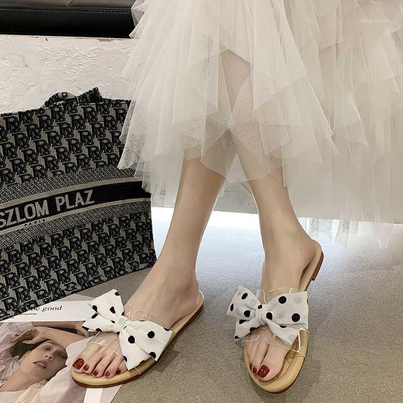 

Dot Bow Flat Slippers Women Pvc Transparent Open Toe Slides Summer Elegant Beach Slippers Women Soft Sole Slides Black White1