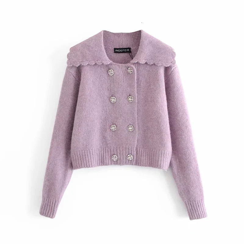 

New Purple Cropped Knitted Cardigan Woman Winter 2021 Rhinestone Button Lapel Collar Long Sleeve Warm Cute Sweater 7sxk