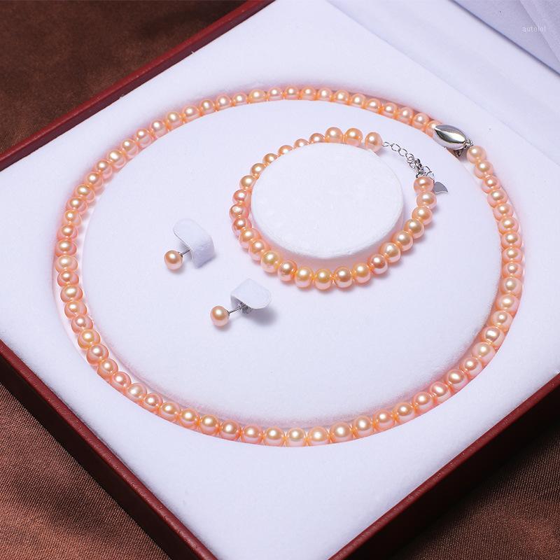 

Real Natural Freshwater Pearl 7-8mm Colorful Glare Bracelet Necklace Earring Delicate Trend Jewelry Set Gift for Woman1, As pic