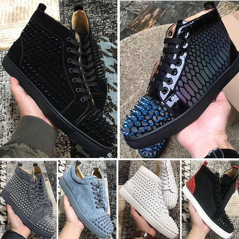 

Mens fashion sneakers red bottoms studded spikes classic suede leather top quality black silver women flat shoes Party Lovers with box, 34