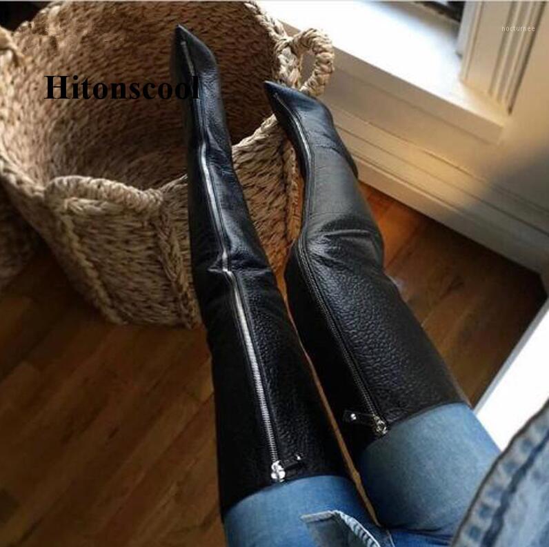 

2020 Women Winter Black Leather High Heels Boots Stilettos Front Zipper Over The Knee Boots Ladies Sexy Shoes Botas Mujer1, As picture