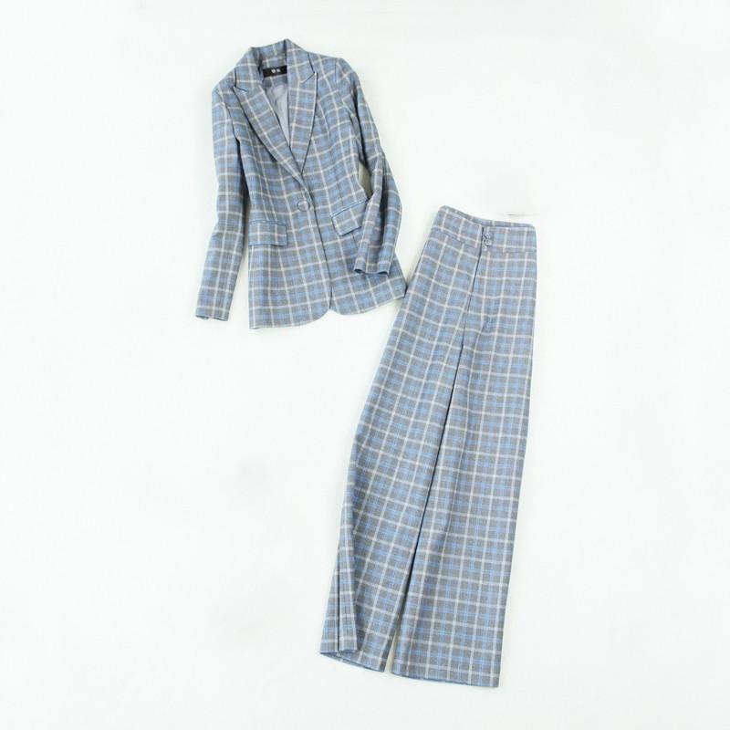 

Plus Size Women' Suit High Quality Office Pants Two-piece Work Clothes Winter Plaid Ladies Jacket High Waist Wide Leg Pants