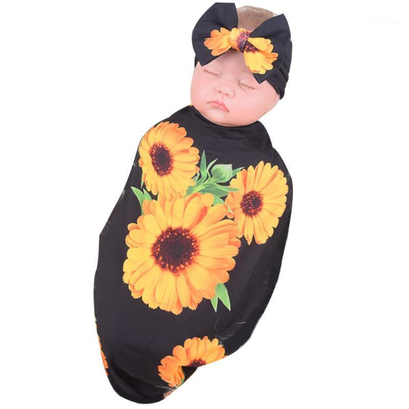 

Infant Newborn 2 Piece Sleep Wrap Sets Cute Printed Baby Swaddle Blanket + Bowknot Headband1, Black