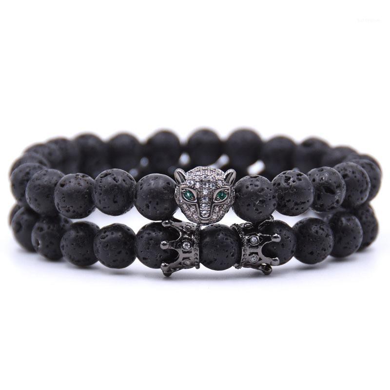 

Classic Natural Lava stone beads Bracelet Micro-inlay CZ Leopard&Ball bangle 2pcs/set Crown For Men Women Handmade Boutique1