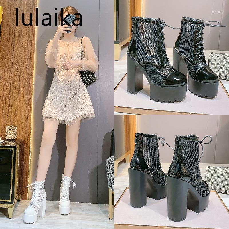 

Fashion Autumn Sexy Mesh Women Boots Platform Round Toe High Heels Ankle Cross-tied Zipper Motorcycle Black Ladies Shoes 14 Cm1